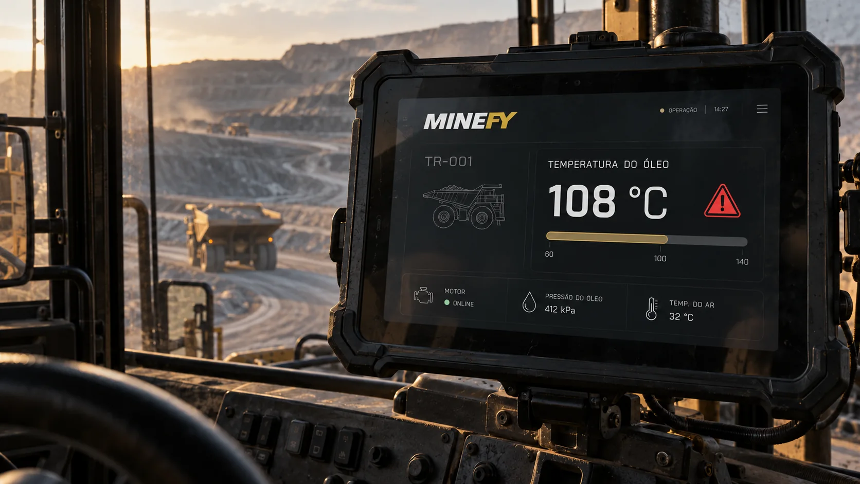 Tablet industrial embarcado em uma cabine, com alerta Minefy demonstrativo